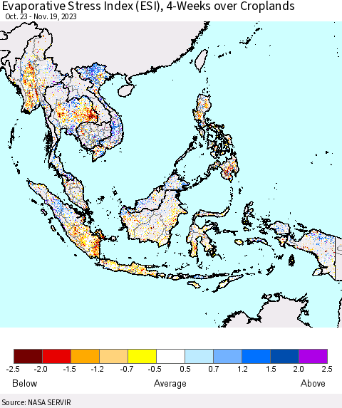 South East Asia Evaporative Stress Index (ESI), 4-Weeks over Croplands Thematic Map For 11/13/2023 - 11/19/2023