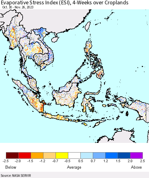 South East Asia Evaporative Stress Index (ESI), 4-Weeks over Croplands Thematic Map For 11/20/2023 - 11/26/2023