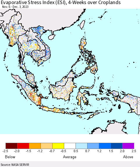 South East Asia Evaporative Stress Index (ESI), 4-Weeks over Croplands Thematic Map For 11/27/2023 - 12/3/2023