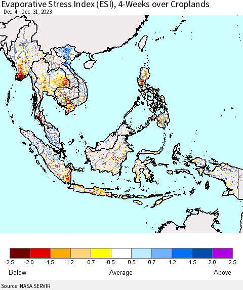 South East Asia Evaporative Stress Index (ESI), 4-Weeks over Croplands Thematic Map For 12/25/2023 - 12/31/2023
