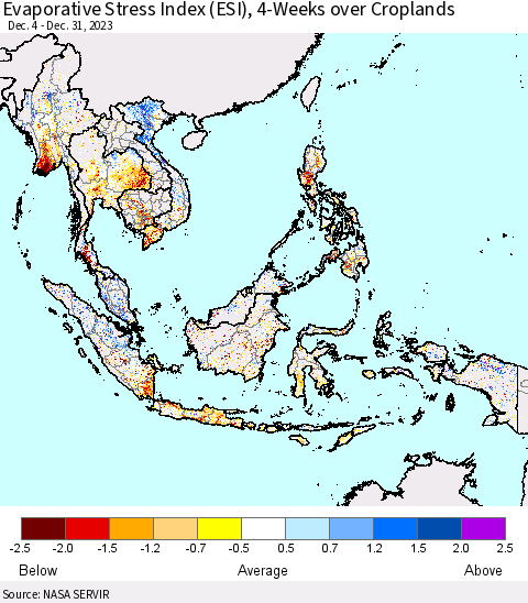 South East Asia Evaporative Stress Index (ESI), 4-Weeks over Croplands Thematic Map For 1/1/2024 - 1/7/2024