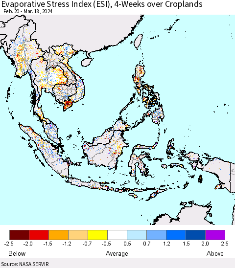 South East Asia Evaporative Stress Index (ESI), 4-Weeks over Croplands Thematic Map For 3/18/2024 - 3/24/2024