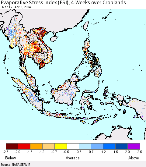 South East Asia Evaporative Stress Index (ESI), 4-Weeks over Croplands Thematic Map For 4/8/2024 - 4/14/2024