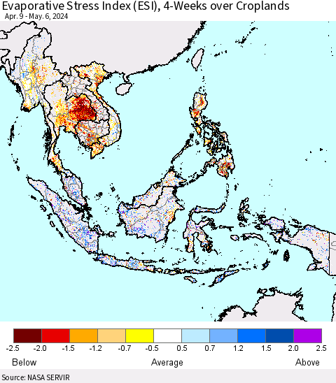 South East Asia Evaporative Stress Index (ESI), 4-Weeks over Croplands Thematic Map For 5/6/2024 - 5/12/2024