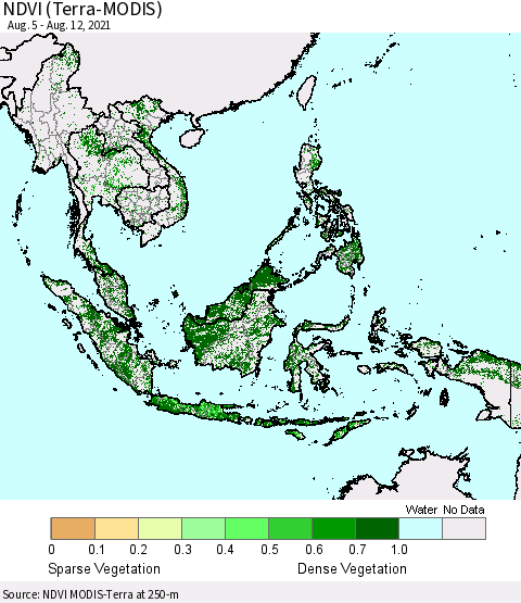 South East Asia NDVI (Terra-MODIS) Thematic Map For 8/5/2021 - 8/12/2021