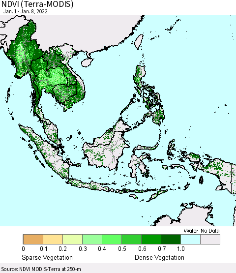 South East Asia NDVI (Terra-MODIS) Thematic Map For 1/1/2022 - 1/8/2022