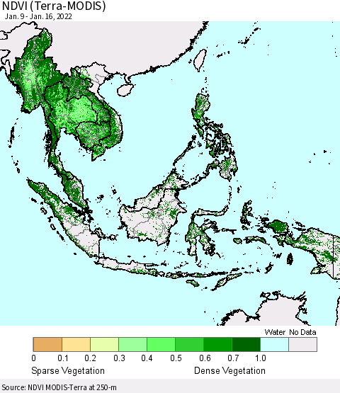South East Asia NDVI (Terra-MODIS) Thematic Map For 1/9/2022 - 1/16/2022