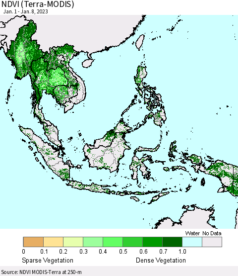 South East Asia NDVI (Terra-MODIS) Thematic Map For 1/1/2023 - 1/8/2023