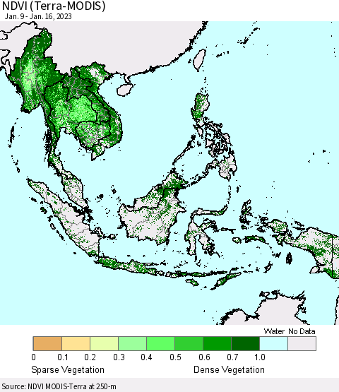 South East Asia NDVI (Terra-MODIS) Thematic Map For 1/9/2023 - 1/16/2023