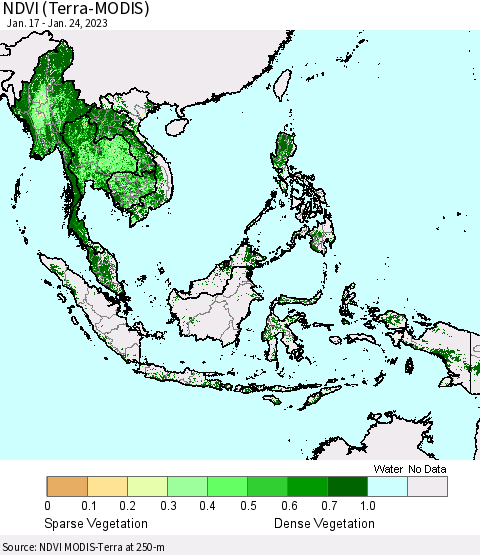 South East Asia NDVI (Terra-MODIS) Thematic Map For 1/17/2023 - 1/24/2023