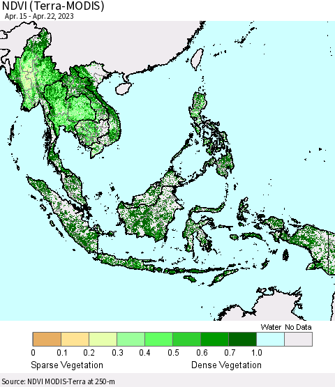 South East Asia NDVI (Terra-MODIS) Thematic Map For 4/15/2023 - 4/22/2023