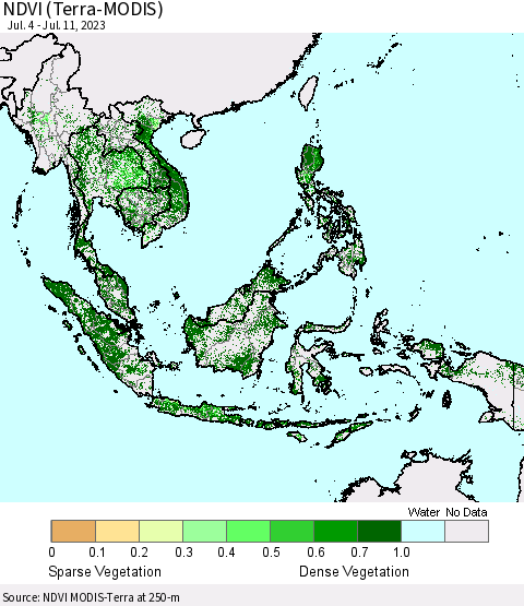 South East Asia NDVI (Terra-MODIS) Thematic Map For 7/4/2023 - 7/11/2023