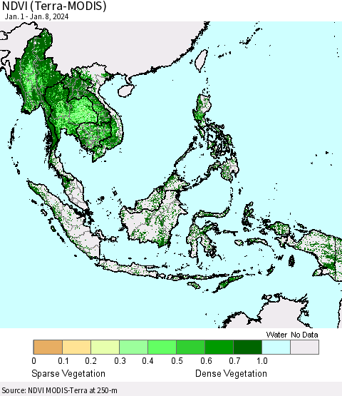 South East Asia NDVI (Terra-MODIS) Thematic Map For 1/1/2024 - 1/8/2024