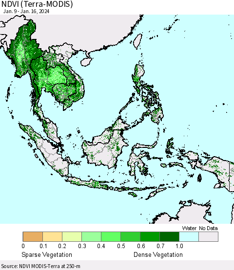South East Asia NDVI (Terra-MODIS) Thematic Map For 1/9/2024 - 1/16/2024