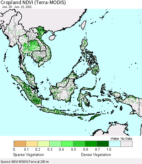 South East Asia Cropland NDVI (Terra-MODIS) Thematic Map For 6/18/2021 - 6/25/2021
