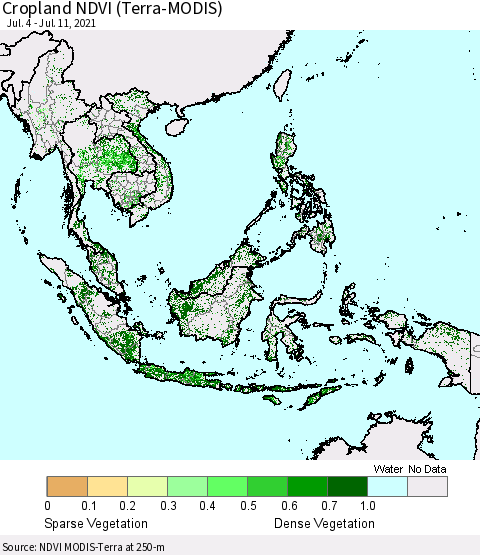 South East Asia Cropland NDVI (Terra-MODIS) Thematic Map For 7/4/2021 - 7/11/2021
