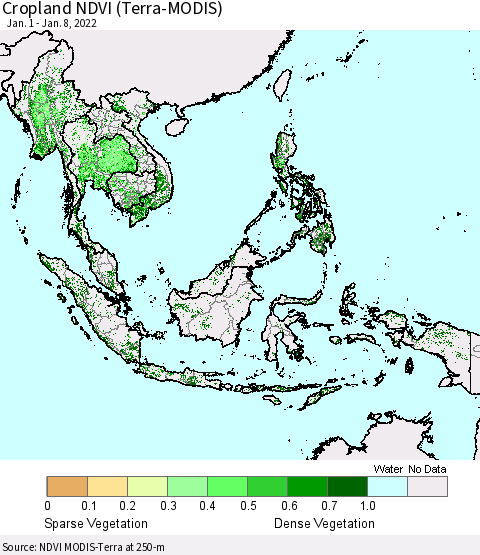 South East Asia Cropland NDVI (Terra-MODIS) Thematic Map For 1/1/2022 - 1/8/2022
