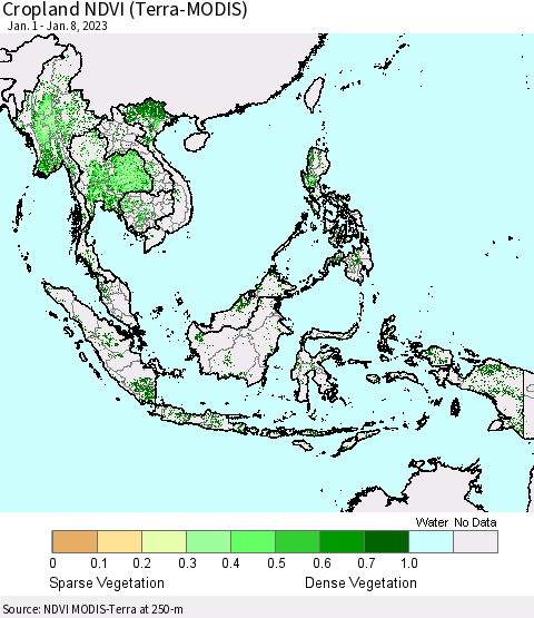 South East Asia Cropland NDVI (Terra-MODIS) Thematic Map For 1/1/2023 - 1/8/2023