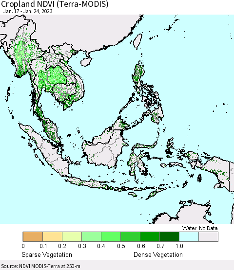 South East Asia Cropland NDVI (Terra-MODIS) Thematic Map For 1/17/2023 - 1/24/2023