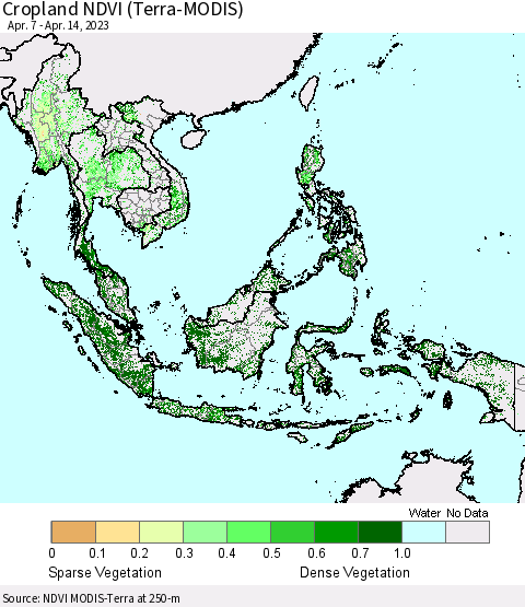 South East Asia Cropland NDVI (Terra-MODIS) Thematic Map For 4/7/2023 - 4/14/2023
