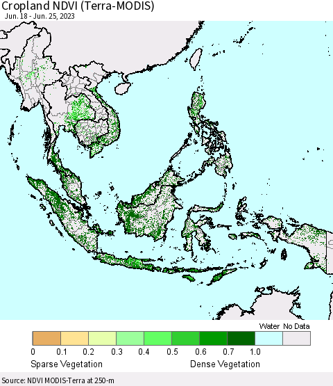 South East Asia Cropland NDVI (Terra-MODIS) Thematic Map For 6/18/2023 - 6/25/2023