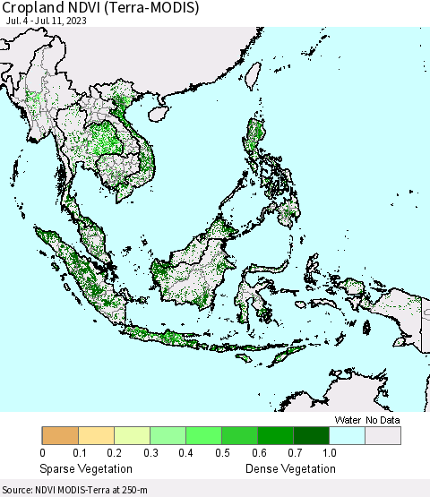 South East Asia Cropland NDVI (Terra-MODIS) Thematic Map For 7/4/2023 - 7/11/2023