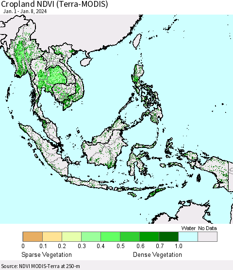 South East Asia Cropland NDVI (Terra-MODIS) Thematic Map For 1/1/2024 - 1/8/2024