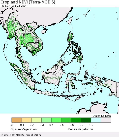 South East Asia Cropland NDVI (Terra-MODIS) Thematic Map For 1/17/2024 - 1/24/2024