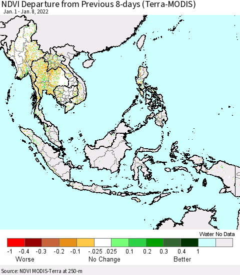 South East Asia NDVI Departure from Previous 8-days (Terra-MODIS) Thematic Map For 1/1/2022 - 1/8/2022