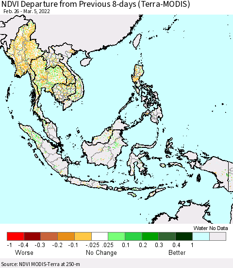 South East Asia NDVI Departure from Previous 8-days (Terra-MODIS) Thematic Map For 2/26/2022 - 3/5/2022