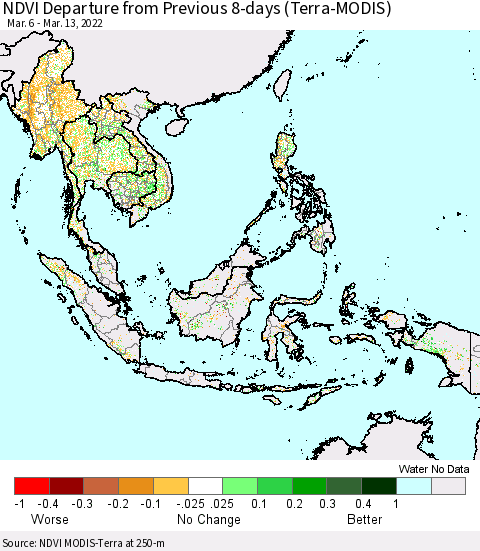 South East Asia NDVI Departure from Previous 8-days (Terra-MODIS) Thematic Map For 3/6/2022 - 3/13/2022