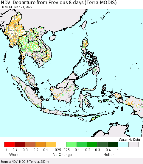 South East Asia NDVI Departure from Previous 8-days (Terra-MODIS) Thematic Map For 3/14/2022 - 3/21/2022