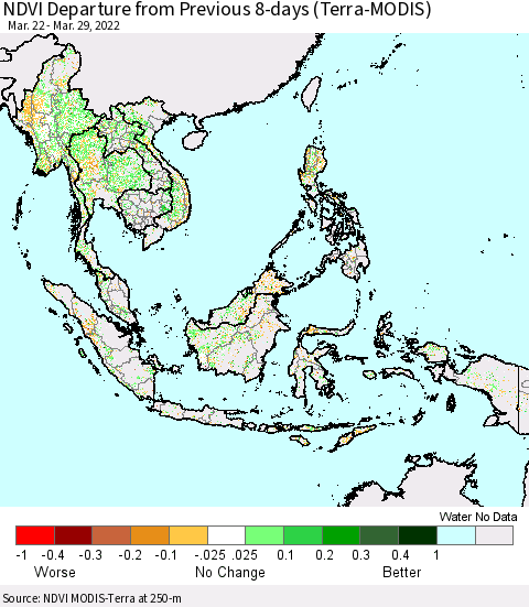 South East Asia NDVI Departure from Previous 8-days (Terra-MODIS) Thematic Map For 3/22/2022 - 3/29/2022