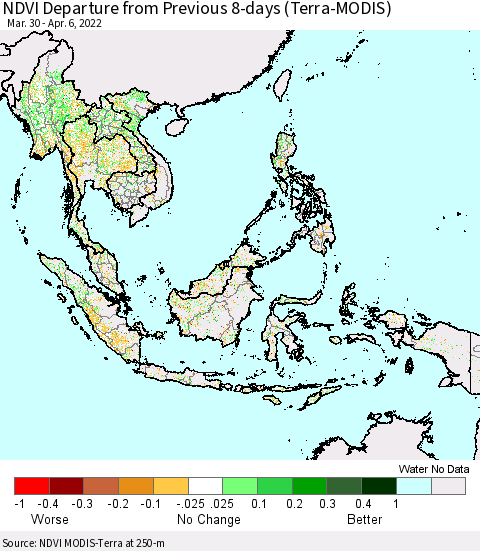 South East Asia NDVI Departure from Previous 8-days (Terra-MODIS) Thematic Map For 3/30/2022 - 4/6/2022