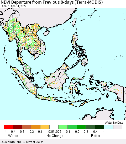 South East Asia NDVI Departure from Previous 8-days (Terra-MODIS) Thematic Map For 4/7/2022 - 4/14/2022