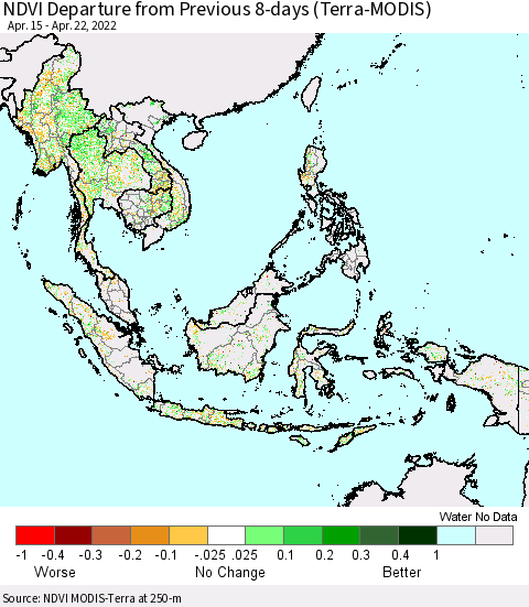South East Asia NDVI Departure from Previous 8-days (Terra-MODIS) Thematic Map For 4/15/2022 - 4/22/2022