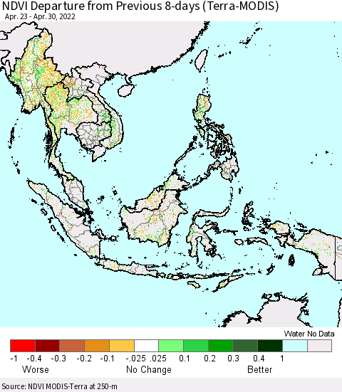 South East Asia NDVI Departure from Previous 8-days (Terra-MODIS) Thematic Map For 4/23/2022 - 4/30/2022