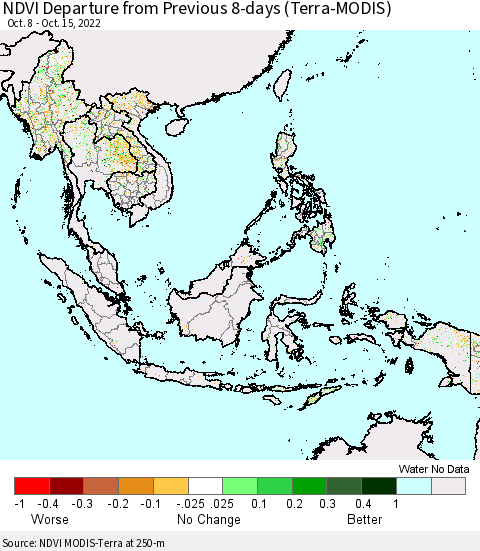 South East Asia NDVI Departure from Previous 8-days (Terra-MODIS) Thematic Map For 10/8/2022 - 10/15/2022