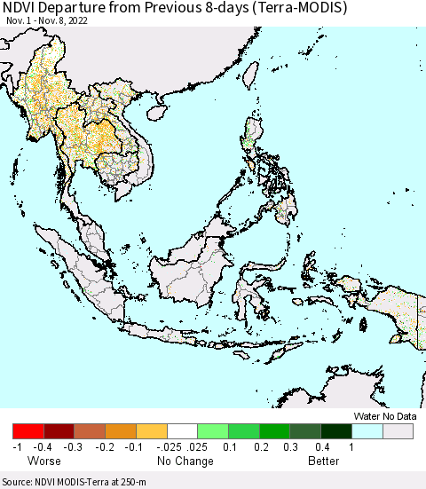 South East Asia NDVI Departure from Previous 8-days (Terra-MODIS) Thematic Map For 11/1/2022 - 11/8/2022