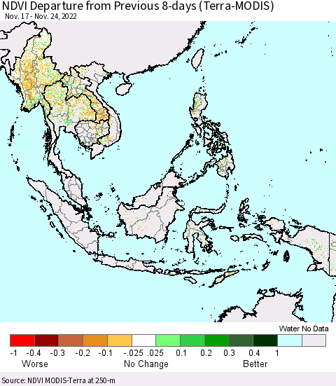 South East Asia NDVI Departure from Previous 8-days (Terra-MODIS) Thematic Map For 11/17/2022 - 11/24/2022