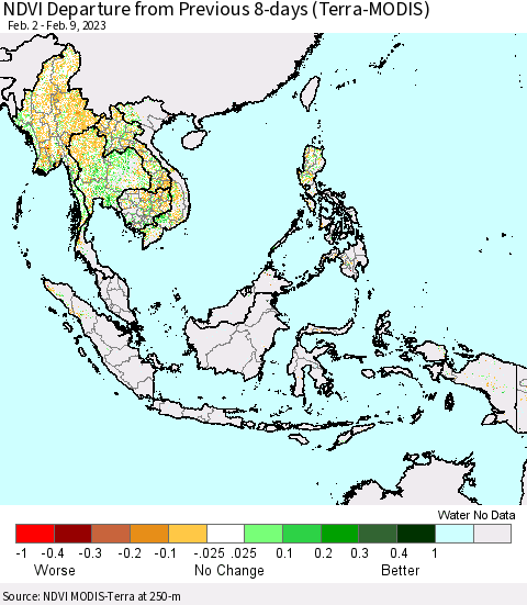 South East Asia NDVI Departure from Previous 8-days (Terra-MODIS) Thematic Map For 2/2/2023 - 2/9/2023