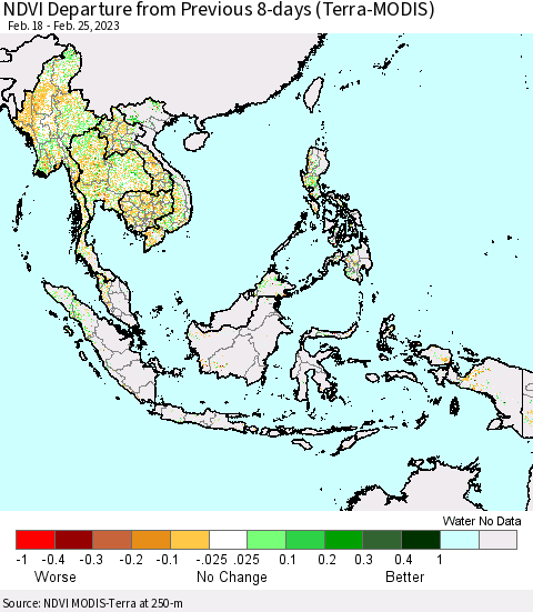 South East Asia NDVI Departure from Previous 8-days (Terra-MODIS) Thematic Map For 2/18/2023 - 2/25/2023