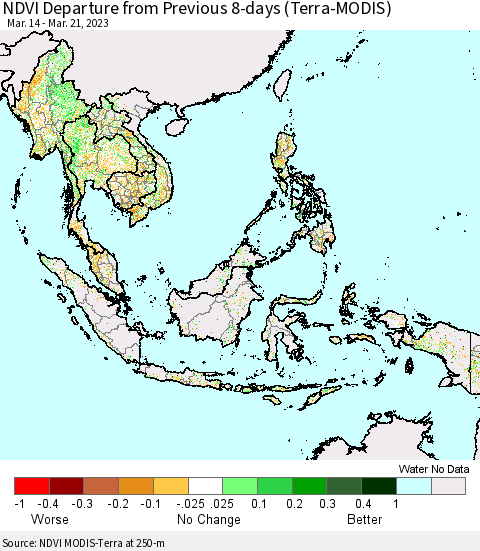 South East Asia NDVI Departure from Previous 8-days (Terra-MODIS) Thematic Map For 3/14/2023 - 3/21/2023