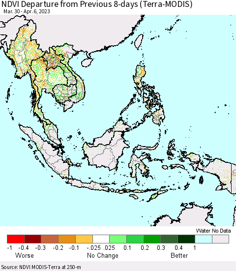 South East Asia NDVI Departure from Previous 8-days (Terra-MODIS) Thematic Map For 3/30/2023 - 4/6/2023