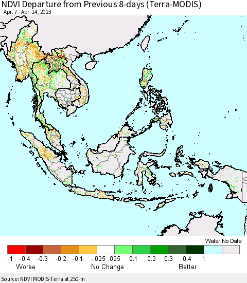 South East Asia NDVI Departure from Previous 8-days (Terra-MODIS) Thematic Map For 4/7/2023 - 4/14/2023
