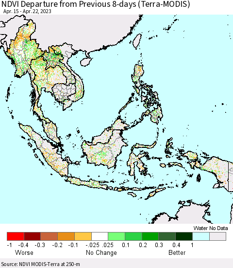 South East Asia NDVI Departure from Previous 8-days (Terra-MODIS) Thematic Map For 4/15/2023 - 4/22/2023