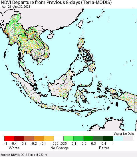 South East Asia NDVI Departure from Previous 8-days (Terra-MODIS) Thematic Map For 4/23/2023 - 4/30/2023