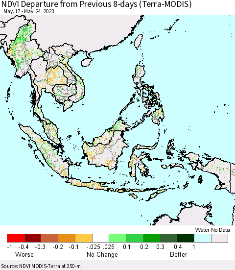 South East Asia NDVI Departure from Previous 8-days (Terra-MODIS) Thematic Map For 5/17/2023 - 5/24/2023
