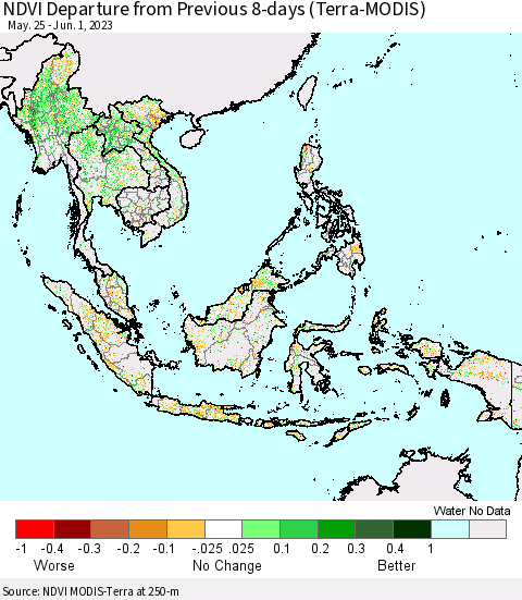 South East Asia NDVI Departure from Previous 8-days (Terra-MODIS) Thematic Map For 5/25/2023 - 6/1/2023