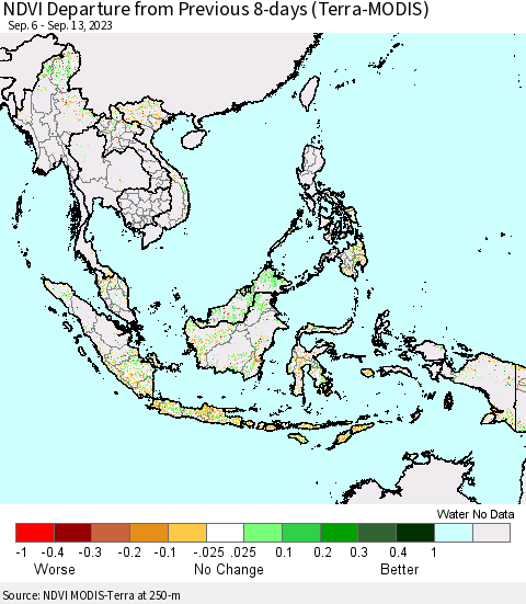 South East Asia NDVI Departure from Previous 8-days (Terra-MODIS) Thematic Map For 9/6/2023 - 9/13/2023